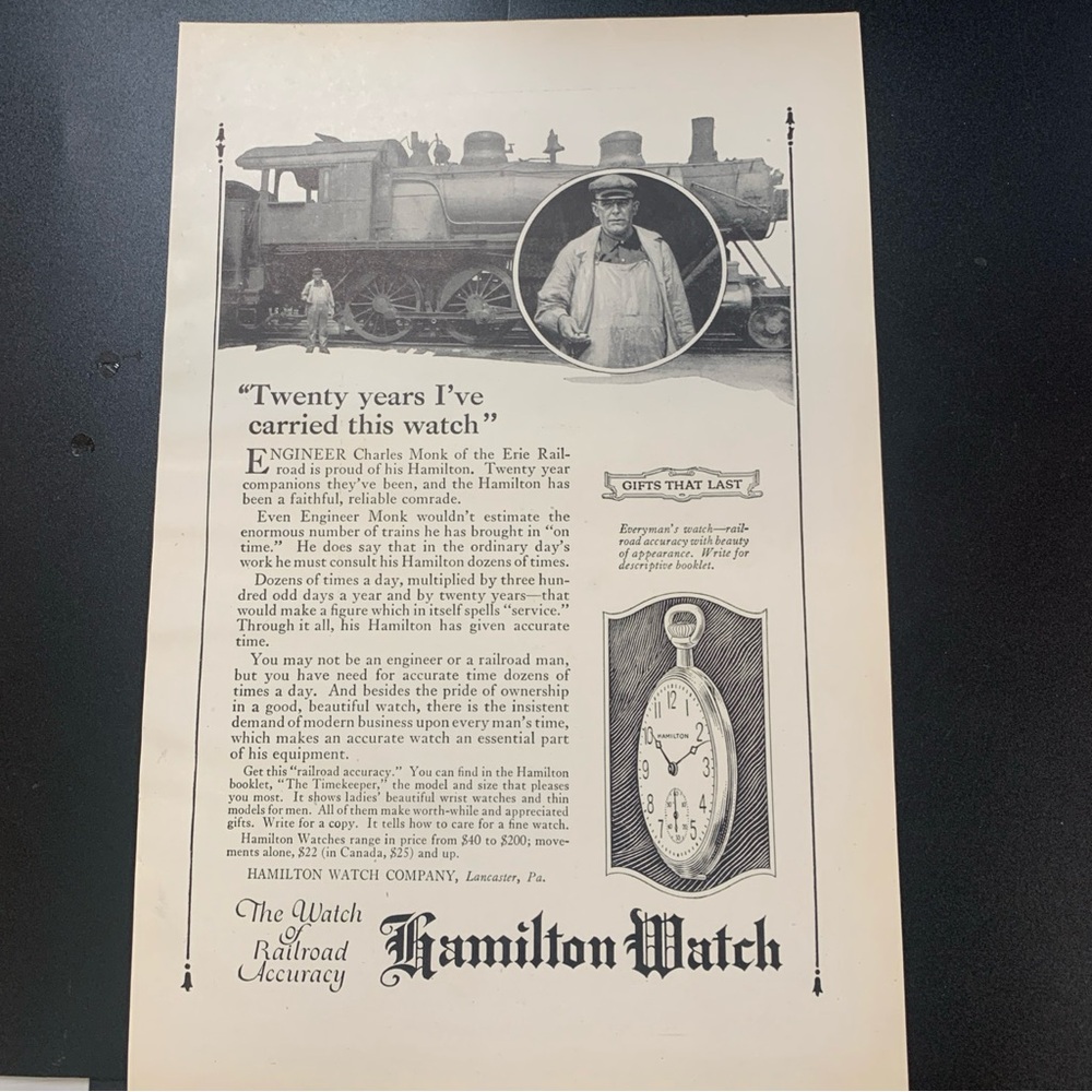Vintage 1922 Hamilton Watch Twenty Years Ad Advertisement
